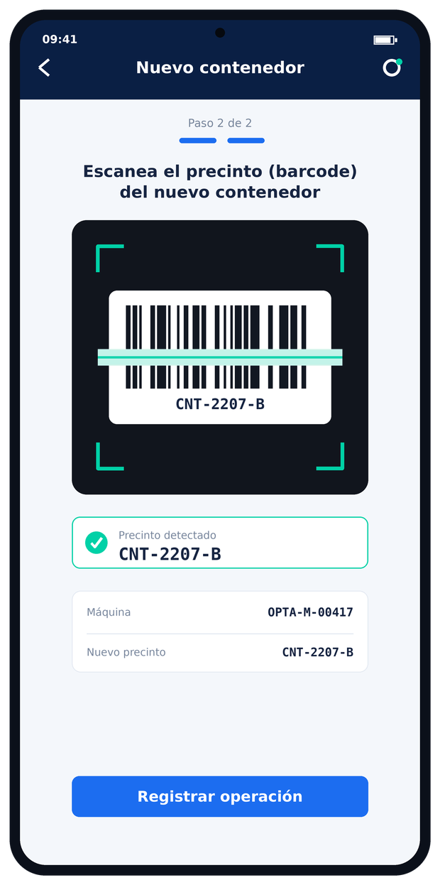 App Optacash — escaneo de nuevo contenedor