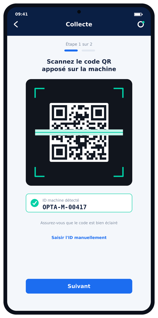 Application Optacash — scan de l'ID machine